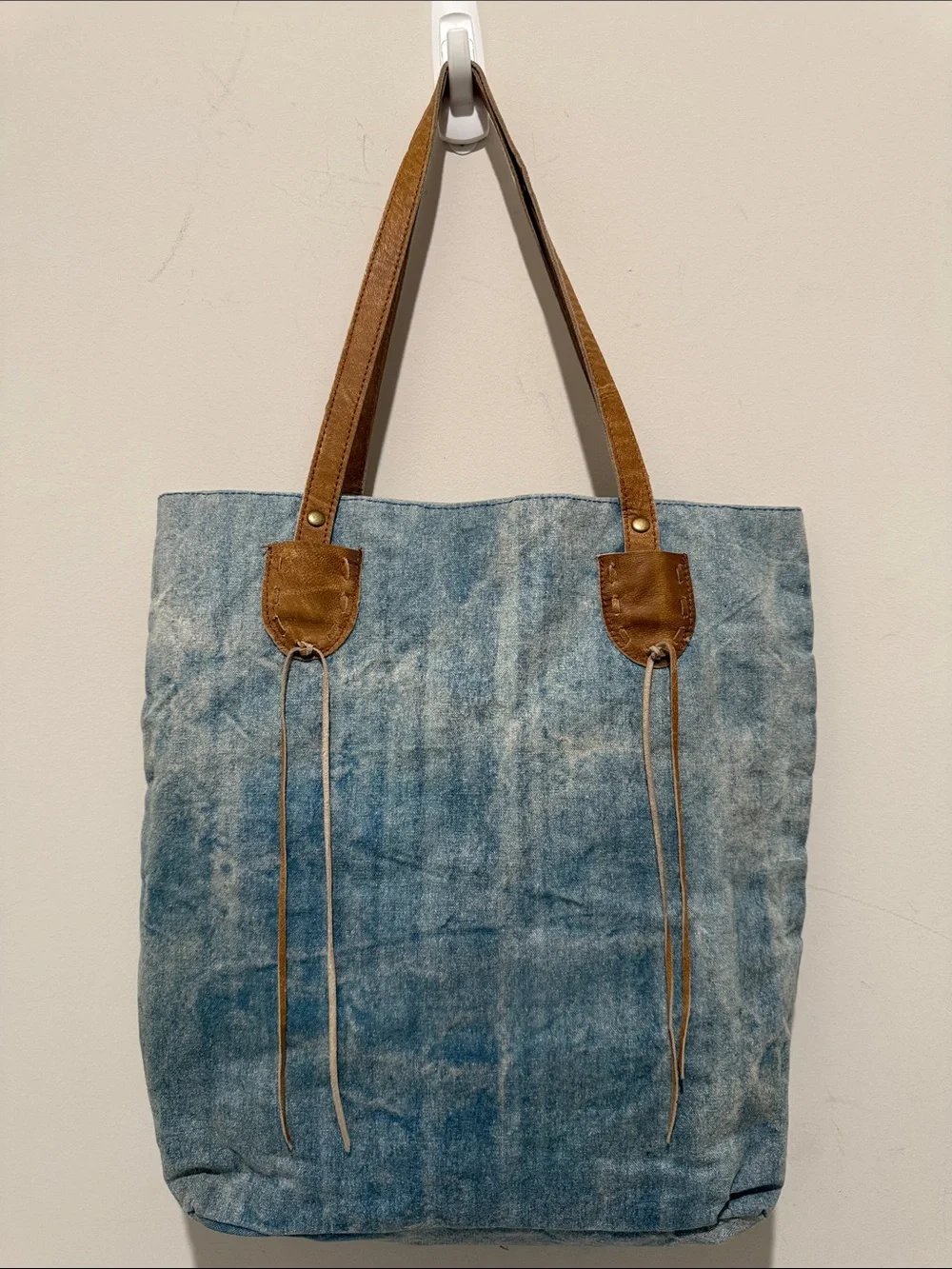 Denim Blue Tote with Brown Leather Handles and Tassel